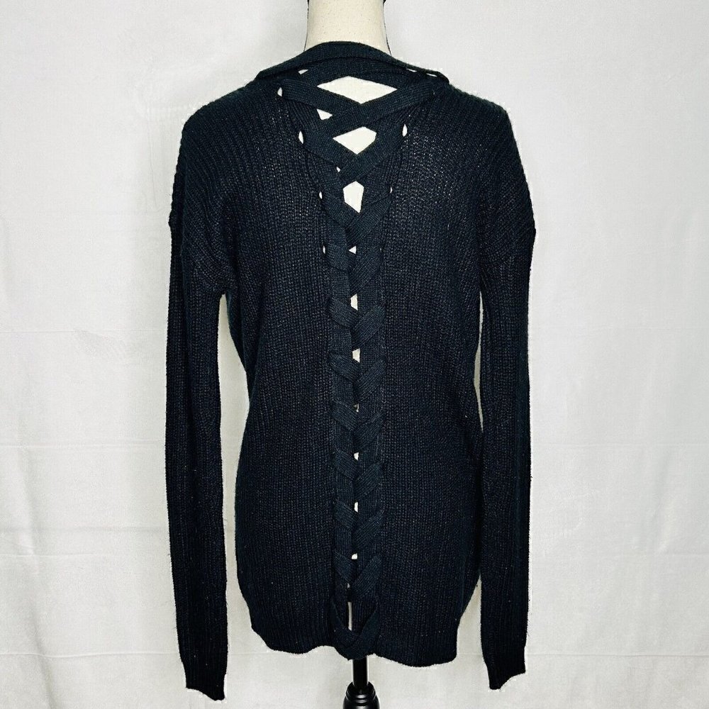 True Craft Oversized Cable Knit Soft Black Cardigan Criss Cross Back Size XS